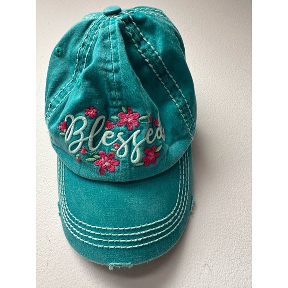 Beautiful teal and floral blessed hat. Velcro strap in back - Picture 2 of 4